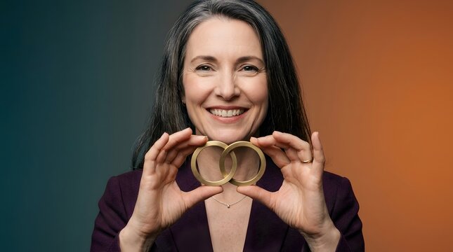 Woman, business and rings for connection, partnership and unity in corporate strategy. Professional leader, gold and interlocking symbols for success, insurance and finance. Female, union and link.