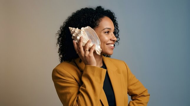 Seashell, woman and listening to ocean sound with conch shell for vacation, travel and summer holiday. Happy female, professional and blazer in studio with nature, relaxation and auditory sense