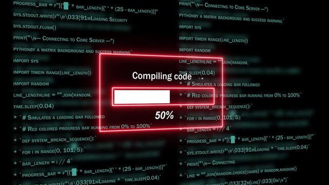 Dynamic digital interface displaying compiling code progress bar with futuristic neon red frame and scrolling programming syntax background, for cyber security, software development, and tech