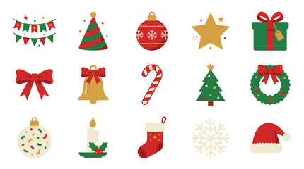 Fototapeta premium Vector Christmas Icon Set, Twelve Festive Symbols, New Year Illustrations, Tree And Gifts, Holiday Marketing Graphics, Red And Green Cartoon Style Studio Assets, Scaler