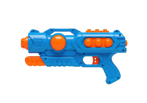 Blue and orange plastic water gun toy for outdoor summer games isolated on transparent background