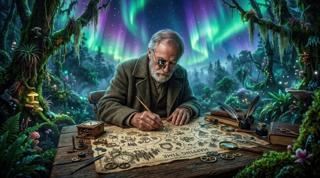 Man studying ancient map under aurora borealis