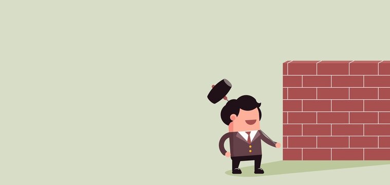 Businessman Breaking Brick Wall To Overcome Business Obstacles With Copyspace