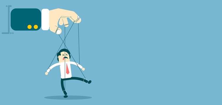 Businessman Controlled Like Puppet By Powerful Hand In Corporate Workplace