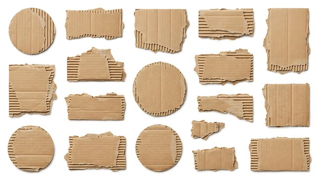 Assorted torn corrugated cardboard pieces with rough edges on white background