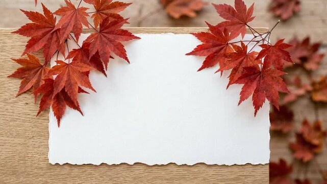 Autumn maple leaves frame a blank white paper sheet on wooden background