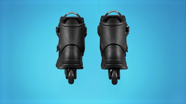 A detailed 3D rendering of a pair of black inline roller skates seen from behind, showing the heel brake, buckles, and wheels, isolated against a solid blue backdrop. Ideal for outdoor sports gear cat