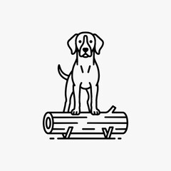 Minimalist black and white line art illustration of a beagle or hound dog standing on a fallen tree log, isolated on a white background, featuring clean strokes and simple graphic style.