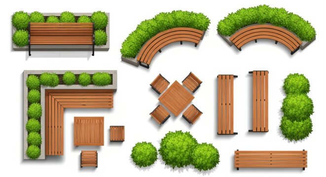 Top view set of garden park benches and green bushes