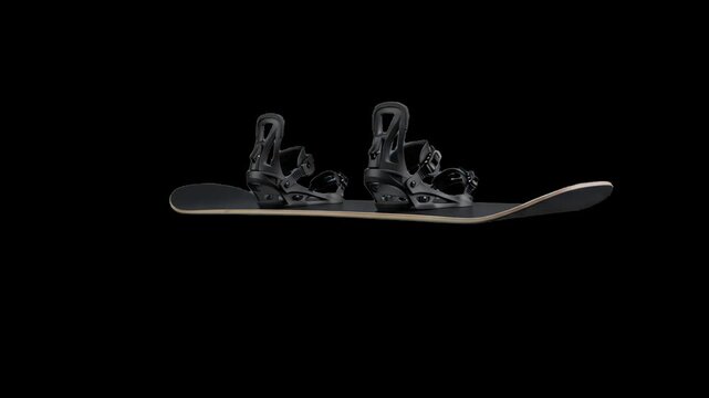A detailed 3D model of a modern black snowboard with attached bindings in side profile set against a solid dark black background. Excellent for high-contrast sports graphics, winter equipment ads, and