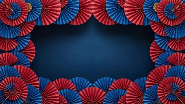 Red and Blue Paper Fan Decorative Frame on Dark Blue Background