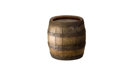 Fototapeta premium Old rustic wooden barrel with metal hoops isolated on white background container isolated background traditional farmhouse artifact interior industry production