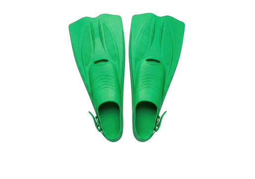 Pair of bright green rubber swim fins for snorkeling and scuba diving isolated on transparent background