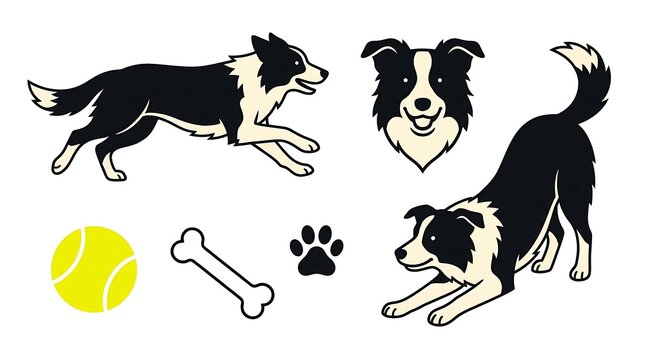 Border collie dog collection showing running playing and happy facial expressions