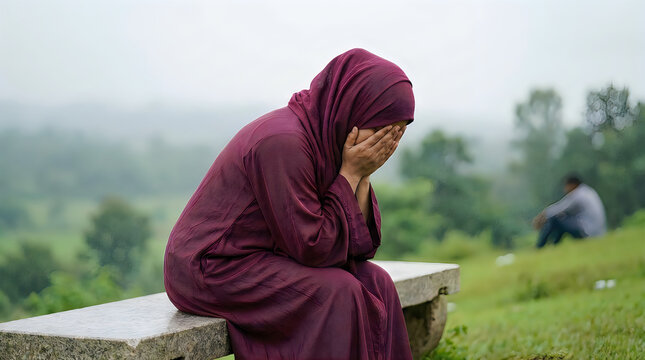 Sad woman in hijab sitting on a bench in a green park illustration