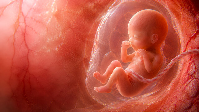 Human fetus in womb with umbilical cord, IVF pregnancy, prenatal development, reproductive medicine and maternal health.
