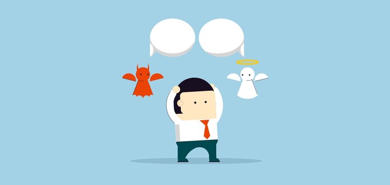 Businessman Choosing Between Good And Evil During A Moral Dilemma