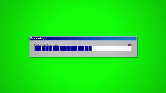 Retro computer loading bar on green screen. Vintage software processing window with progress status. Classic 90s operating system interface.