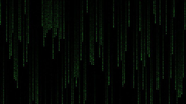 Abstract green digital binary code rain falling down on a dark black background 4K Motion Video