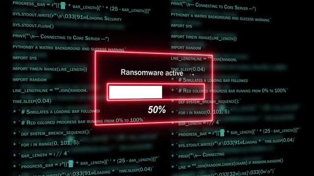 Cybersecurity threat alert featuring a red glowing ransomware active warning progress bar overlaid on a dark background, of scrolling computer, programming code and, digital system breach