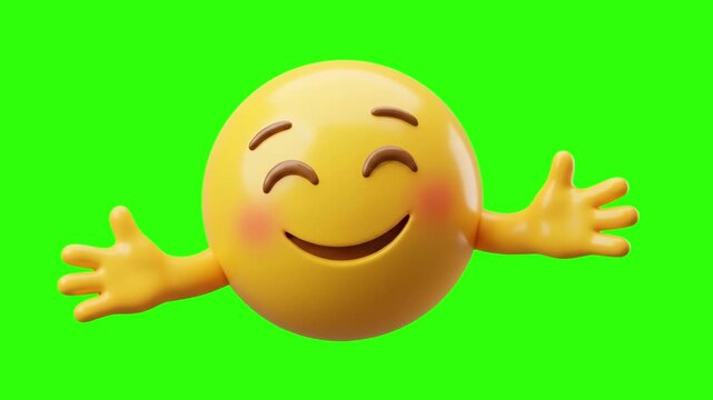 A cheerful 3D render of a smiling yellow emoji face with rosy cheeks and open hands offering a warm hug or welcome gesture, isolated on a bright chroma key green background. Perfect for friendly socia