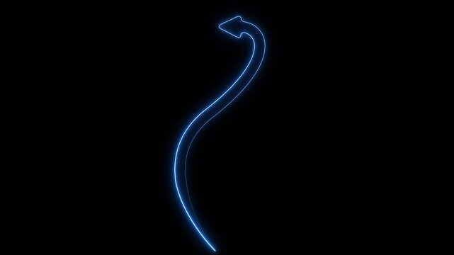 Glowing neon blue s-curve arrow animation on black background, for digital interface, light