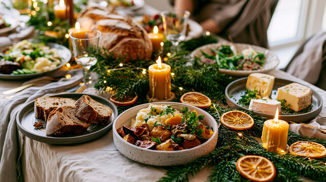 Festive Christmas table with artisan bread, farmhouse cheese and roasted vegetables, glowing candles and evergreen garland, cozy holiday feast celebration.