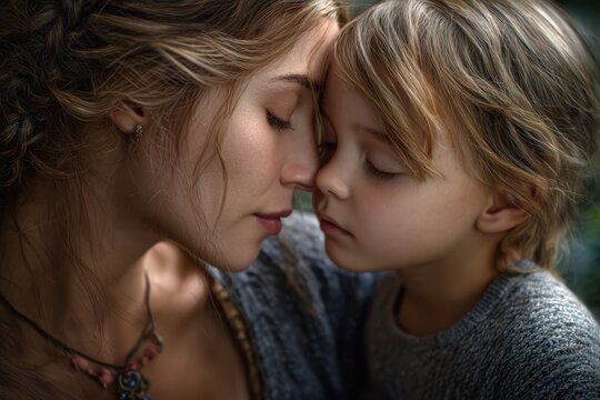Emotional moment between mother and child captured in a serene outdoor setting