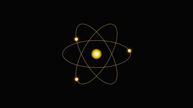 Glowing golden atom icon with orbiting electrons on a dark black background representing science and technology concepts for research and education 4K Motion Video