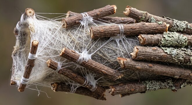 Extreme close up of silk threads binding twigs on a bagworm case