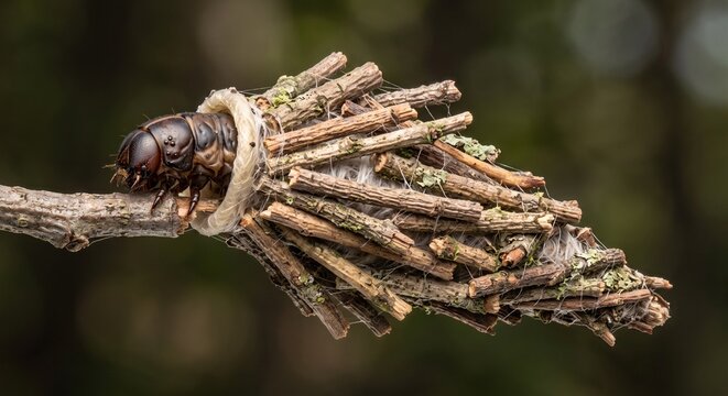 Side profile of a bagworm moth caterpillar emerging from its twig case