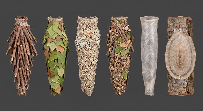 Collection of different bagworm moth cases made from natural materials