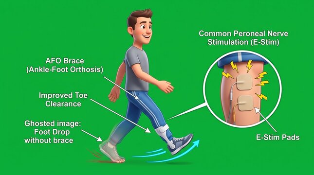 Man walking with AFO brace and peroneal nerve stimulation for foot drop treatment
