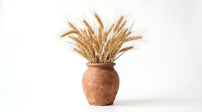 Rustic terracotta pot filled with dried wheat stalks isolated on white background