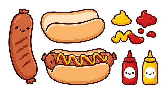 Cute hot dog components with smiling mustard and ketchup bottle icons