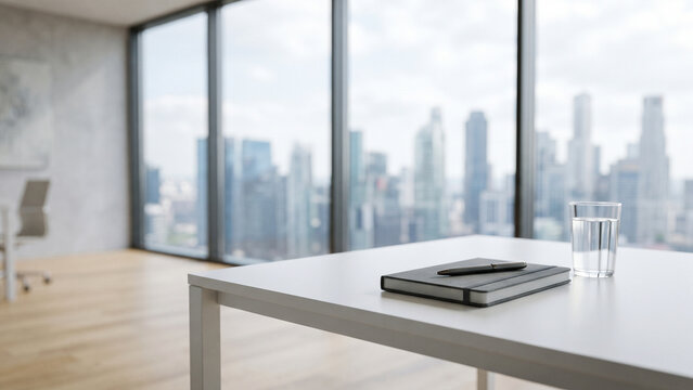 Minimalist office desk with gray notebook, metallic pen and glass of water, clean workspace