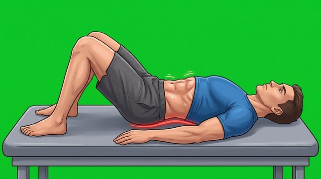 Man performing pelvic tilt exercise on medical table for physical therapy and core health.