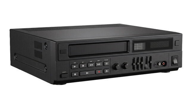 Black digital video recorder unit, isolated on transparent background, rectangular media device with front buttons display and disc style controls. Advertising design and Promotional design.