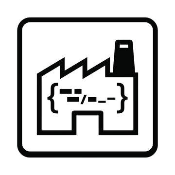 Factory icon with programming code symbols.