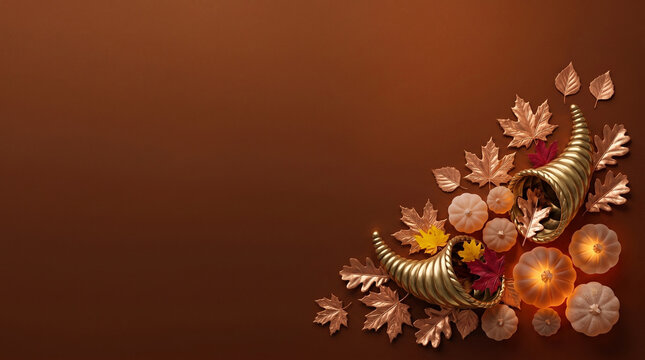 Abundant Thanksgiving background with golden cornucopias, glowing frosted pumpkins, and metallic autumn leaves