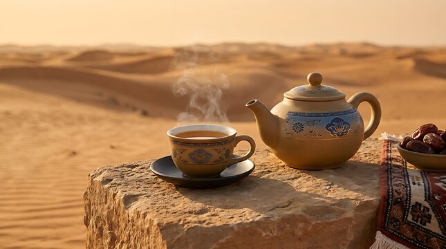 A cup of hot tea and a teapot on a stone table in the middle of a desert at sunset. desert landscape tea ad
