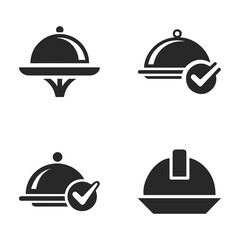 Fototapeta premium Collection of food service icons featuring cloche covers and checkmark symbols representing quality control, professional catering, restaurant service, and food safety.