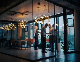 Fototapeta premium Defocused evening office celebration with blurred professionals socializing after work.Premium corporate background for business networking,employee engagement,company culture,events,holiday marketing