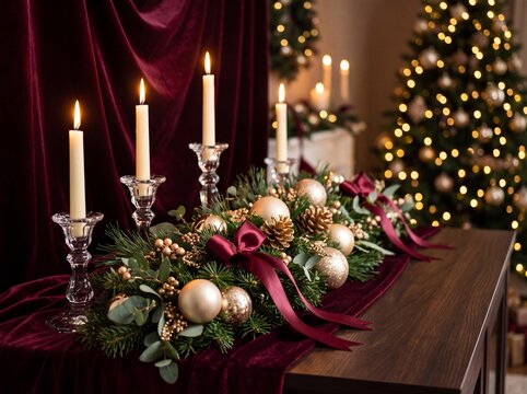 Christmas table centerpiece with burning candles and burgundy velvet backdrop