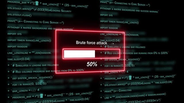 Cybersecurity brute force attack simulation featuring a glowing red progress bar overlaid on scrolling python source code background, for digital threat, detection and network, vulnerability analysis