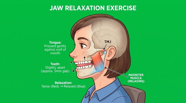 Medical illustration of jaw relaxation exercise for TMJ pain relief and facial therapy.