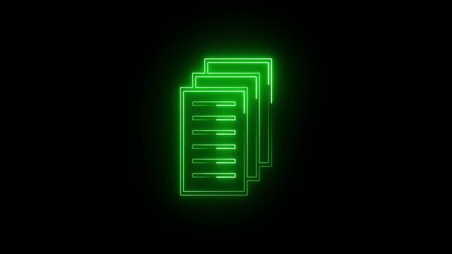 Greencolouer a stack of document pages glows with bright neon lines. Data organization highlights these document pages visually icon.4k