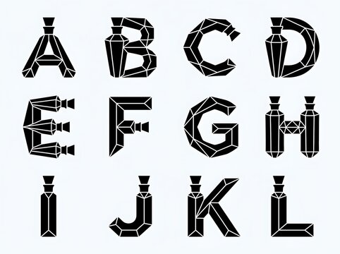 Geometric low poly alphabet letters a to l in black and white style