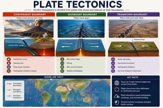 Plate Tectonics Infographic with Convergent, Divergent and Transform Boundaries