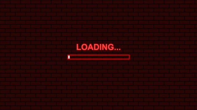 Glowing red loading bar with text on a dark brick wall background representing digital progress and internet connection waiting status for web design and software development projects 4K Motion Video